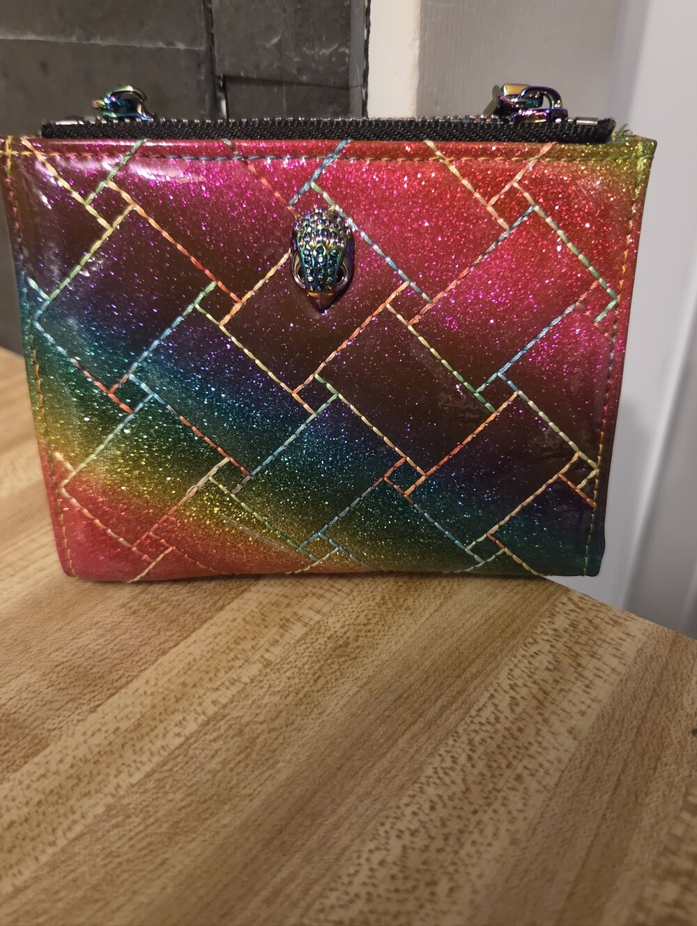 Kurt Geiger NWT/NIB Rainbow Metallic Glitter Compact Wallet W/Rainbow Zipper